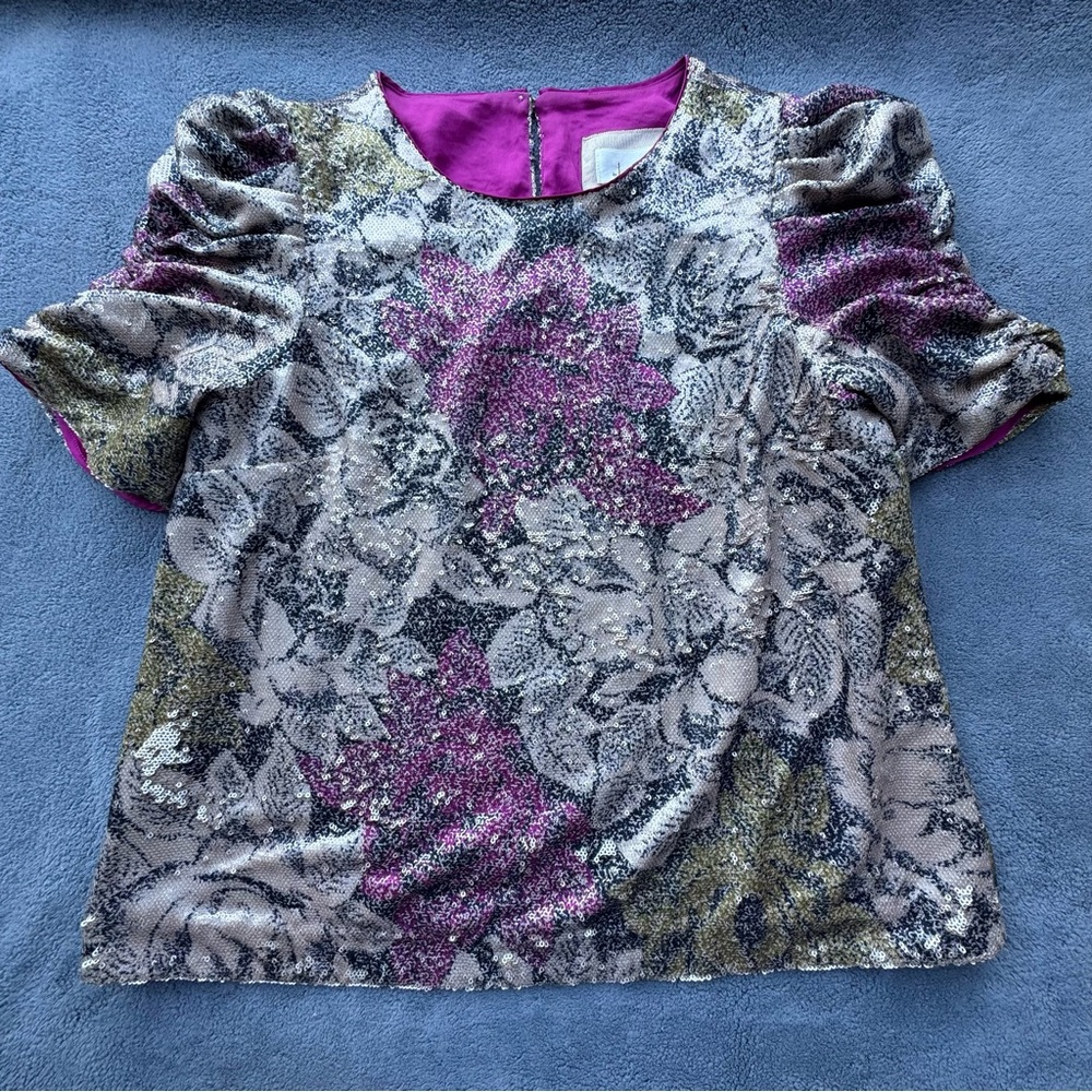 By Anthropolie Womens 6 Floral Sequined Blouse Pink Gold Special Occasion Dressy